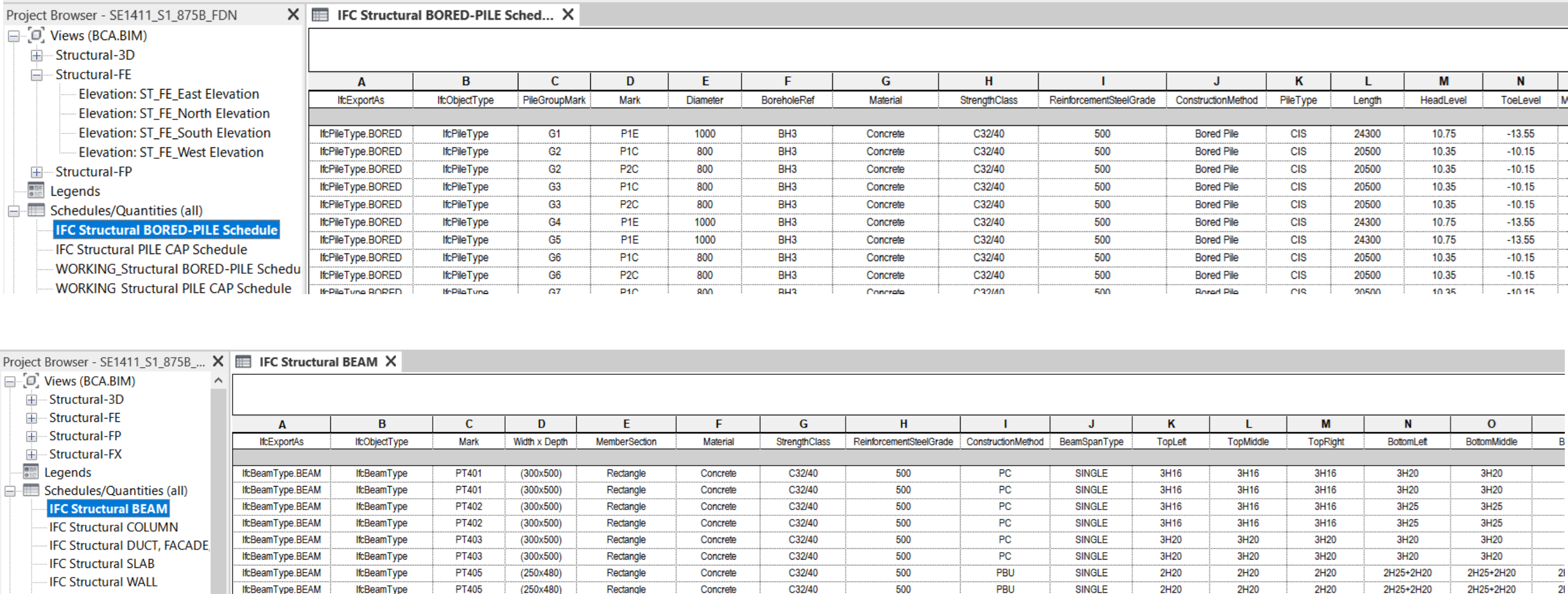 IFC structural schedule